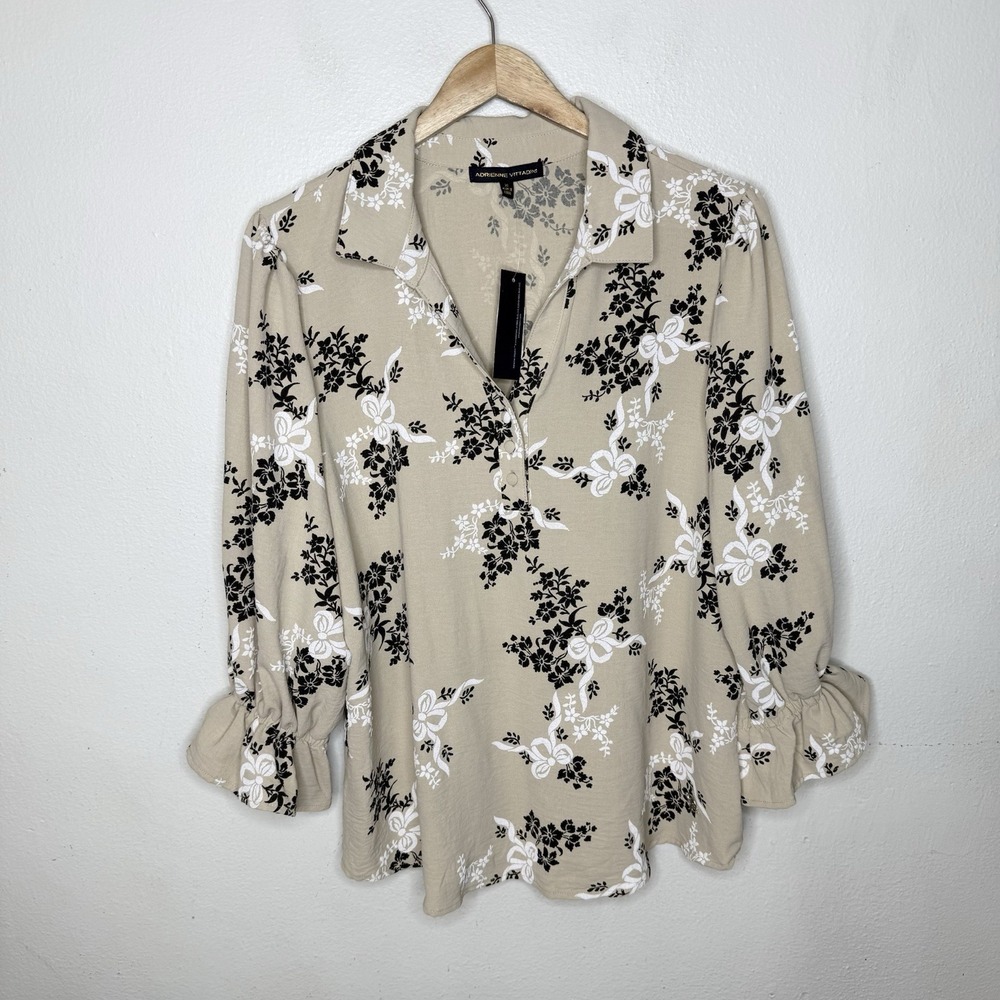 New Adrienne Vittadini Beige Black Floral Bow V-neck Blouse Top Women's XL